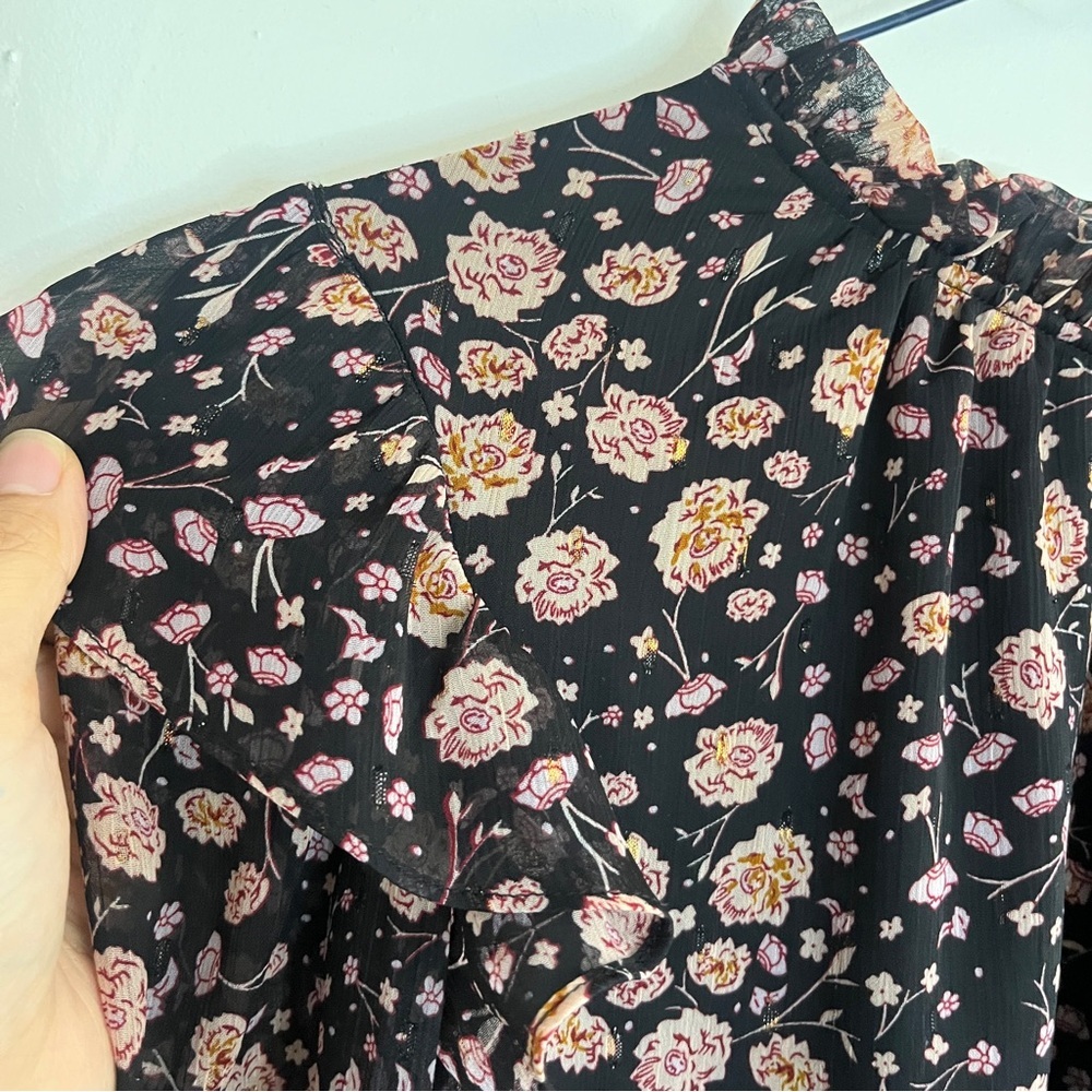Rachel Zoe Black Metallic Floral Boho Puff Sleeve High Neck Relaxed  Blouse - Picture 5 of 11